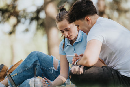 Group of teenage students engaged in studying and helping each other with homework while sitting on the grass in an urban park.の写真素材