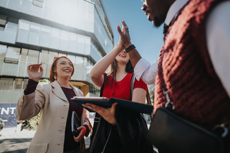 Confident entrepreneurs discussing strategy in a sunny outdoor settingの写真素材