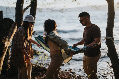 Friends setting up a hammock by the lakeside during a nature retreatの写真素材