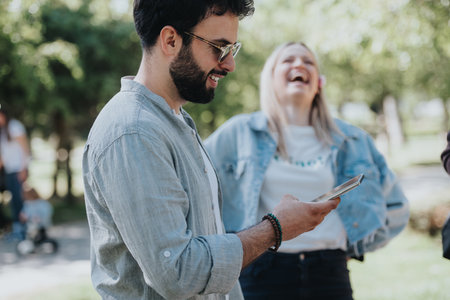 Friends laughing together in a sunny park, sharing joy with casual styleの写真素材