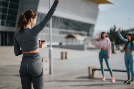 Active woman in sportswear waving outside modern building with friendsの写真素材