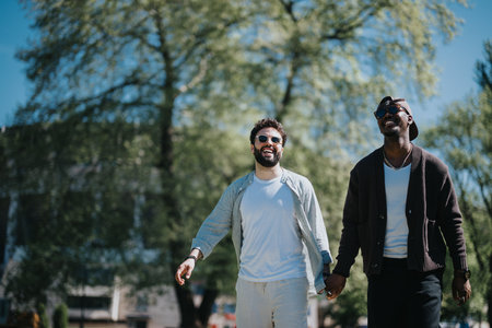 Young multiracial gay couple enjoying a sunny day in the park, holding hands and smiling