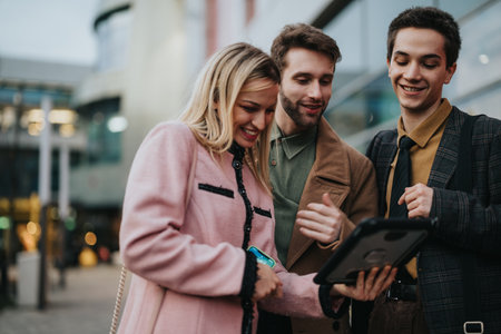 Focused businesspeople discussing project strategies outdoorsの写真素材