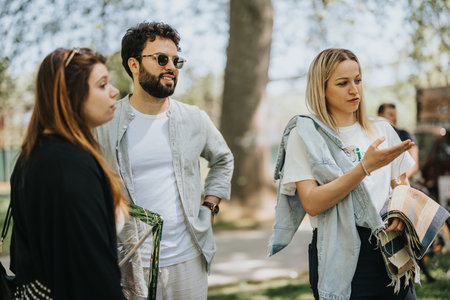 Multiracial friends enjoying a lively conversation in a sunny parkの写真素材