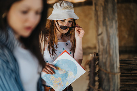 Tourist women exploring ancient ruins with a map in a rustic setting
