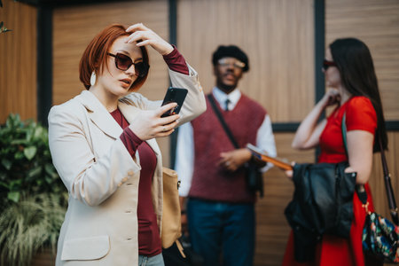 Diverse business partners using smart phone in a meeting outdoorsの写真素材