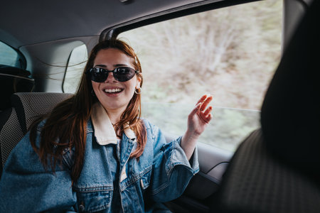 Smiling woman enjoying a casual car ride captured on a sunny dayの写真素材
