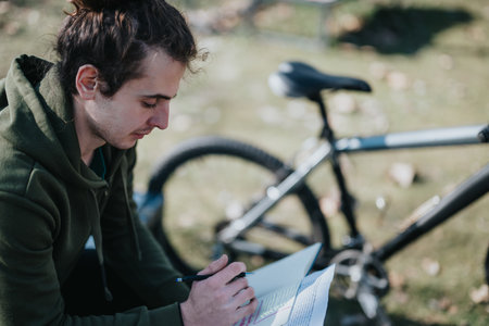 Young man relaxing in the park, enjoying a break with a pen and paper beside his bicycleの写真素材