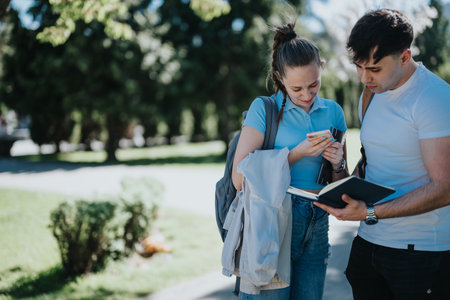 Young students collaborating on homework in a sunny urban parkの写真素材