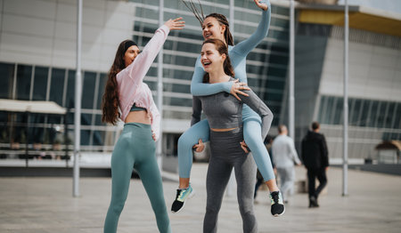 Active women stretching before workout in urban settingの写真素材