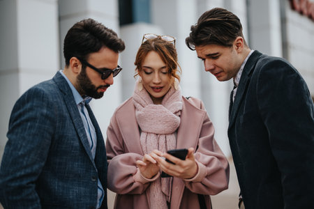 Young entrepreneurs discussing project strategies in urban settingの写真素材