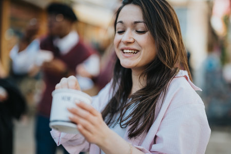 Casual urban woman holding a coffee cup on a bustling city street