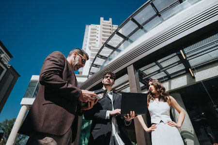 Professionals in conversation outside modern urban building in the cityの写真素材