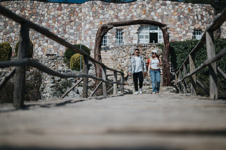 Young couple enjoying a sunny day on a wooden bridge during vacationの写真素材