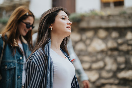 Young friends enjoying a sunny vacation, strolling happily through an old cityの写真素材