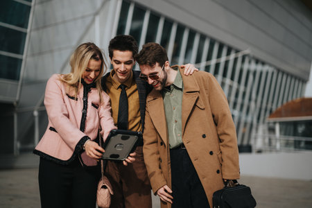 Young professionals discussing marketing strategy outdoorsの写真素材