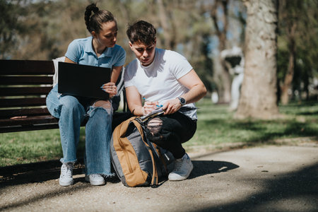 Dedicated students sharing ideas while studying together in a sunny parkの写真素材