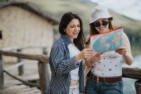 Two young women enjoying a fun-filled vacation as they explore new locations with a mapの写真素材