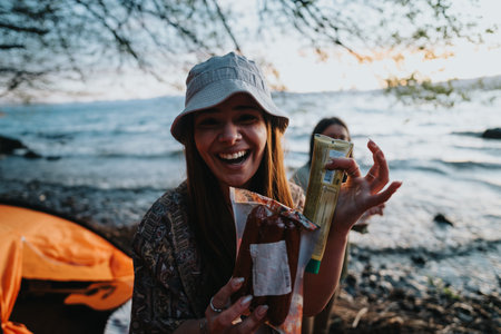 Woman enjoying snacks at a scenic lakeside camping spot