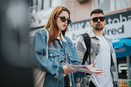 Young friends exploring city streets as tourists on a sunny dayの写真素材