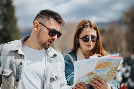 Young couple exploring with a map on a sunny day