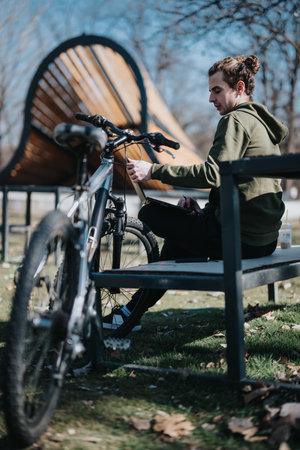 Handsome man relaxing with his bicycle in a sunny park on a weekendの写真素材