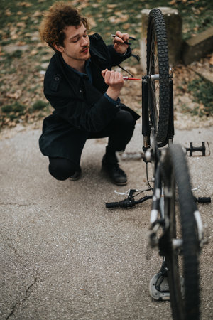 Young entrepreneur fixing a bicycle in a park setting