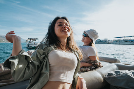 Two joyful friends enjoying a sunny boat ride on the seaの写真素材
