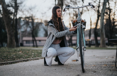 Businesswoman adjusting bicycle in a tranquil park settingの写真素材