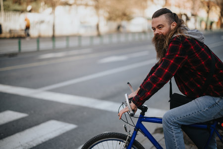 Remote working businessman with bicycle in urban city area