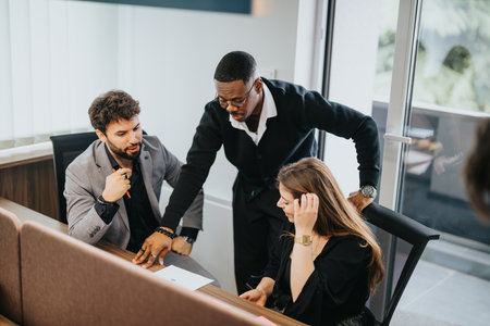 Diverse team of business professionals collaborating in a modern officeの写真素材