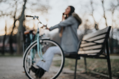 Professional businesswoman with bicycle relaxing in the parkの写真素材