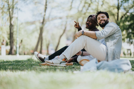 Multiracial friends enjoying a sunny day in the park, playing backgammon togetherの写真素材