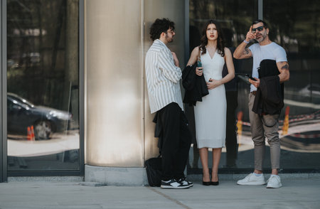 Three young professionals talking outside a modern office buildingの写真素材