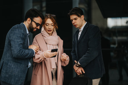 Young entrepreneurs engaging in strategy discussion in an urban settingの写真素材