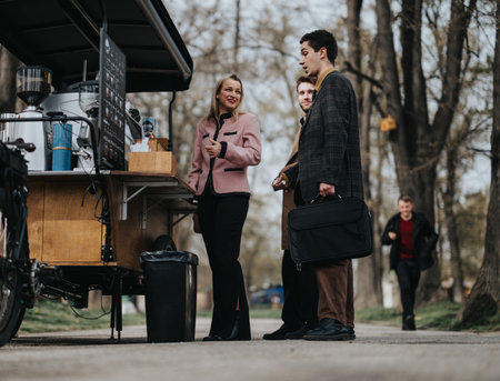 Young professionals strategizing at an outdoor meeting near a coffee cartの写真素材