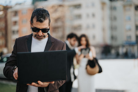 Business professionals working on laptops outdoors in an urban settingの写真素材