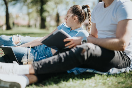 High school friends studying together in a sunny city park, sharing knowledge and enjoying homework time outdoorsの写真素材