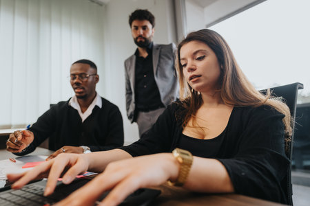 Young professionals engage in a strategic business meeting at a modern officeの写真素材