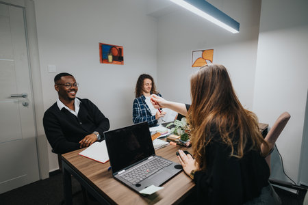 Multicultural office team discussing business growth and statistics in a modern workspace