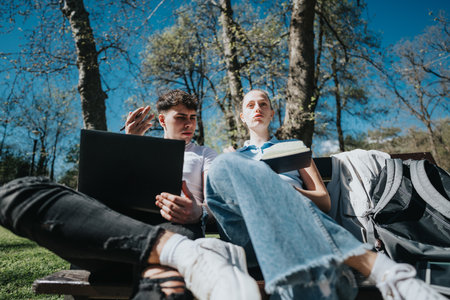 Students collaborating on homework in a peaceful park settingの写真素材