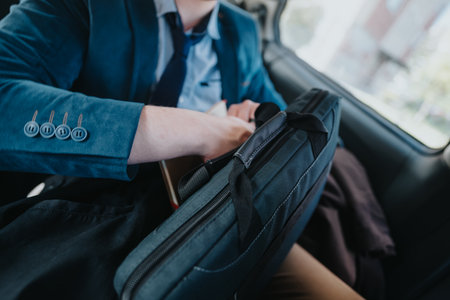 A well-dressed businessman in a blue suit is seen adjusting items in a briefcase while sitting in a car, emphasizing mobility and preparedness.の写真素材