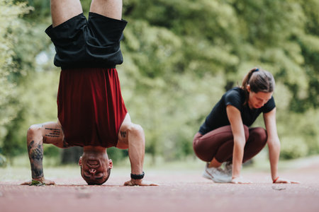 Two young athletic individuals engage in a fitness routine, with a man performing a handstand and a...