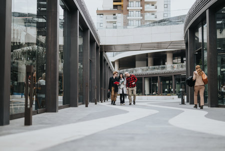 Professional business people, possibly partners or team members, captured mid-stride in a sleek city...
