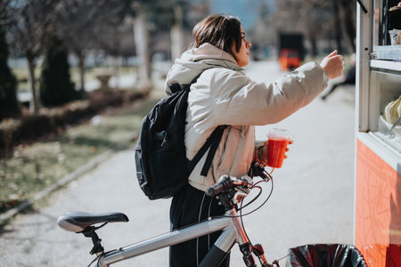 A young woman in casual attire orders at a kiosk while holding a smoothie and her bicycle in the park.の写真素材