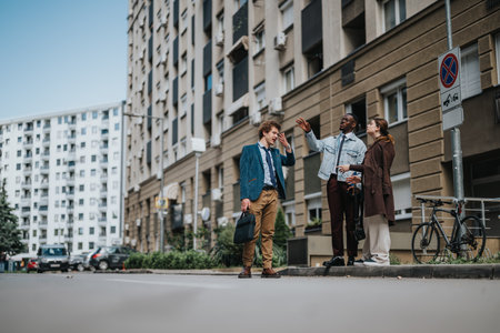 Three young business professionals engaged in a casual discussion on a city street, highlighting diversity and teamwork in a modern urban setting.の写真素材