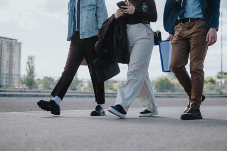 Three young professionals are captured mid-stride as they walk through the city, wearing business casual attire and discussing work.の写真素材
