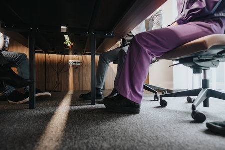 Unique perspective of a modern office environment capturing the legs of diverse employees seated...