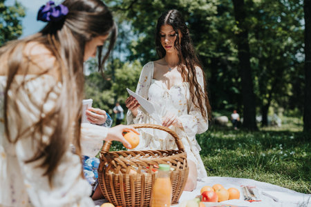 Sisters enjoying a sunny picnic in the park, sharing moments and laughterの写真素材