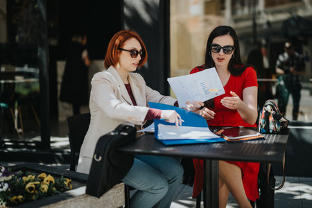 Businesswomen reviewing documents during an outdoor meetingの写真素材